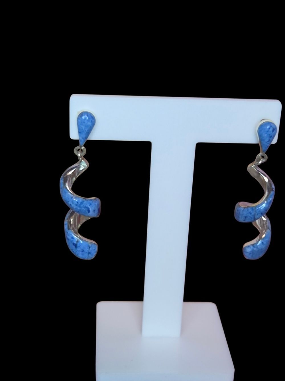 Sterling Silver Denim Lapis Spiral Drop Earrings - Southwest Dangle